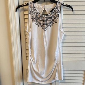 White House Black Market White Top with Black Embroidery